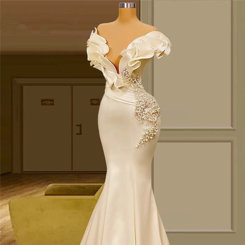 Sexy Deep V Neck Off The Shoulder Mermaid Trail Wedding Dresses