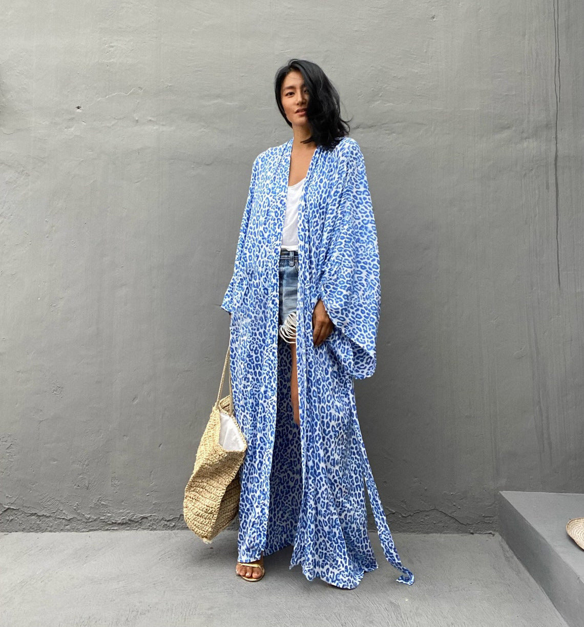 Leopard Print Long Kimono Cover-Up