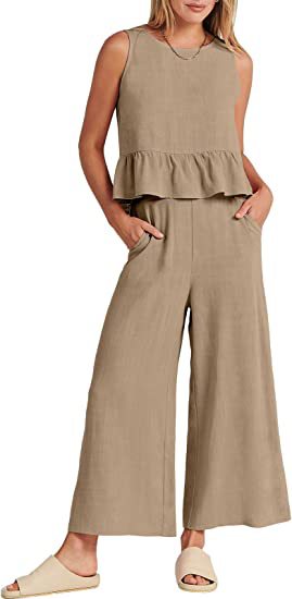 Women's Summer Sleeveless Pleated Vest & Wide-Leg Cropped Pants Casual Set