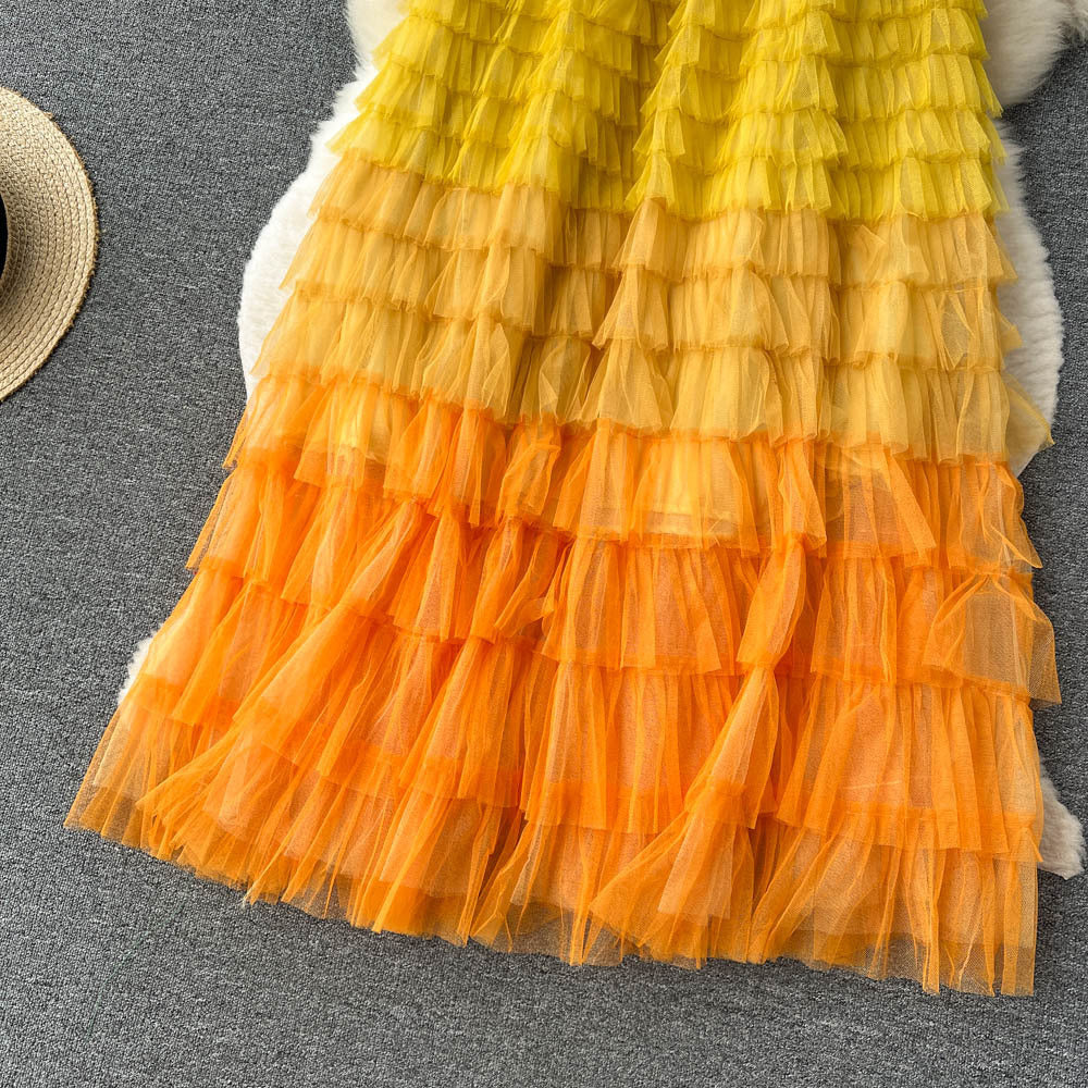 Women's Mid-Length Gradient Mesh A-Line Cake Skirt