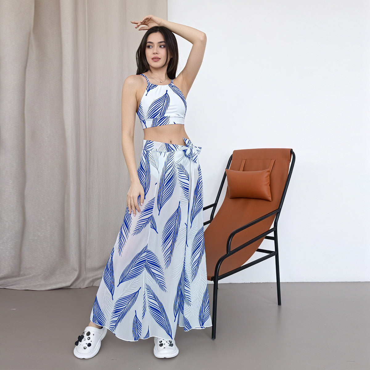 Women's Printed High-Waist Bikini Set with Sun Protection Cover-Up Skirt