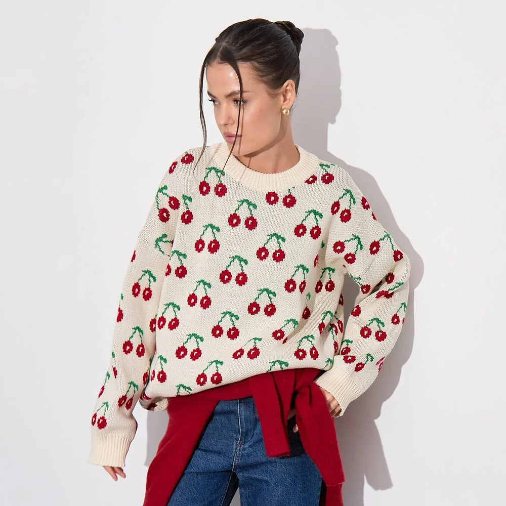 Sweet Cherry Print Sweater - Loose Knit Oversized Pullover