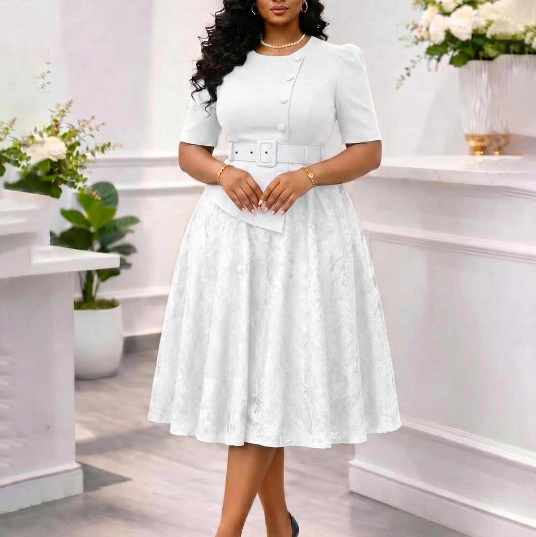 Summer Elegant Lace Spliced High-Waist Plus Size Two-Piece Look Dress