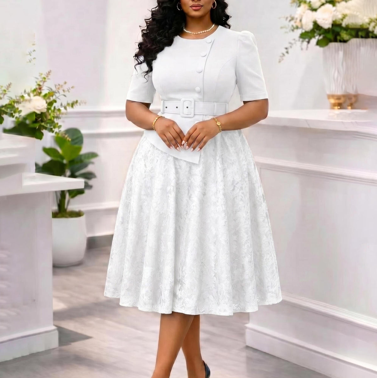 Summer Elegant Lace Spliced High-Waist Plus Size Two-Piece Look Dress