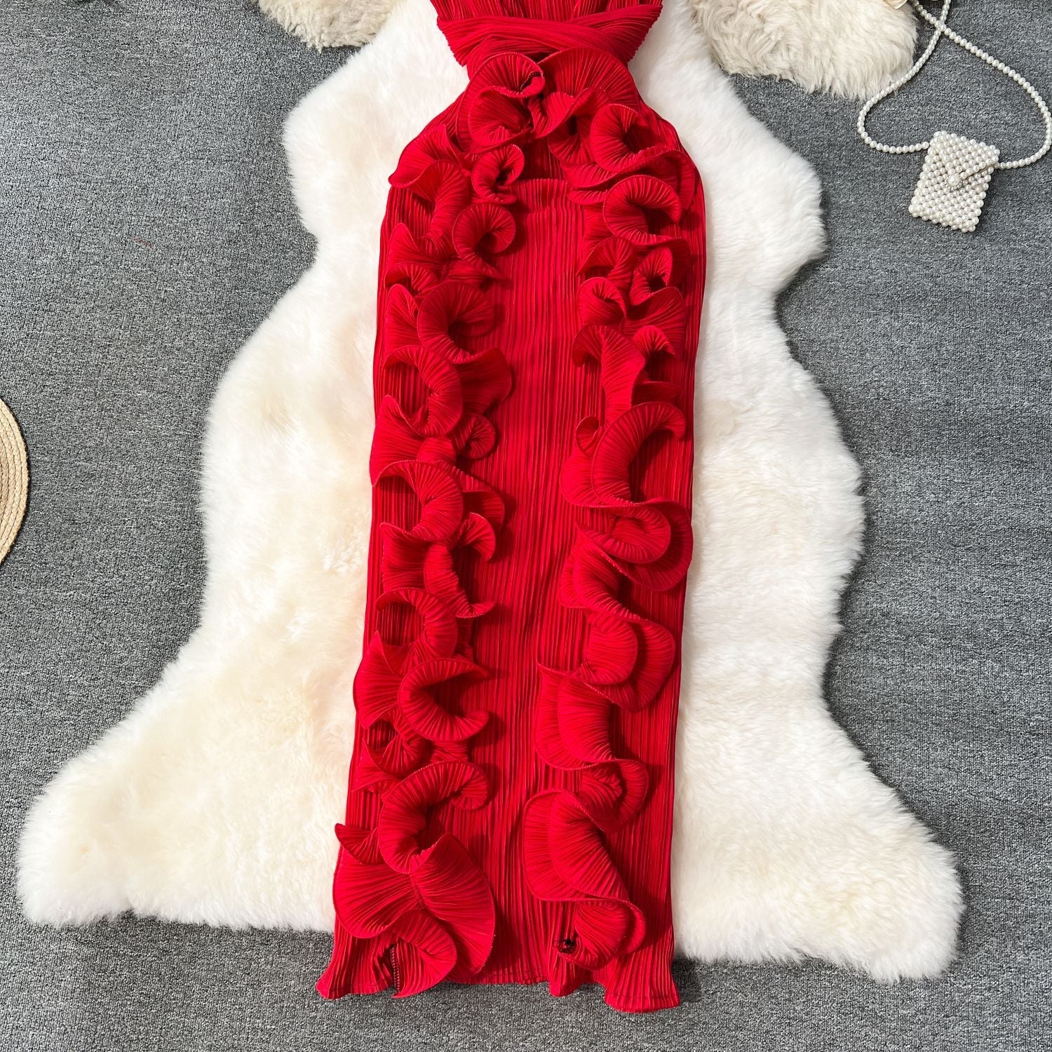 High-End Pleated Dress – Luxury Women's Designer Ruffle Hem Slim Fit Long Maxi Dress