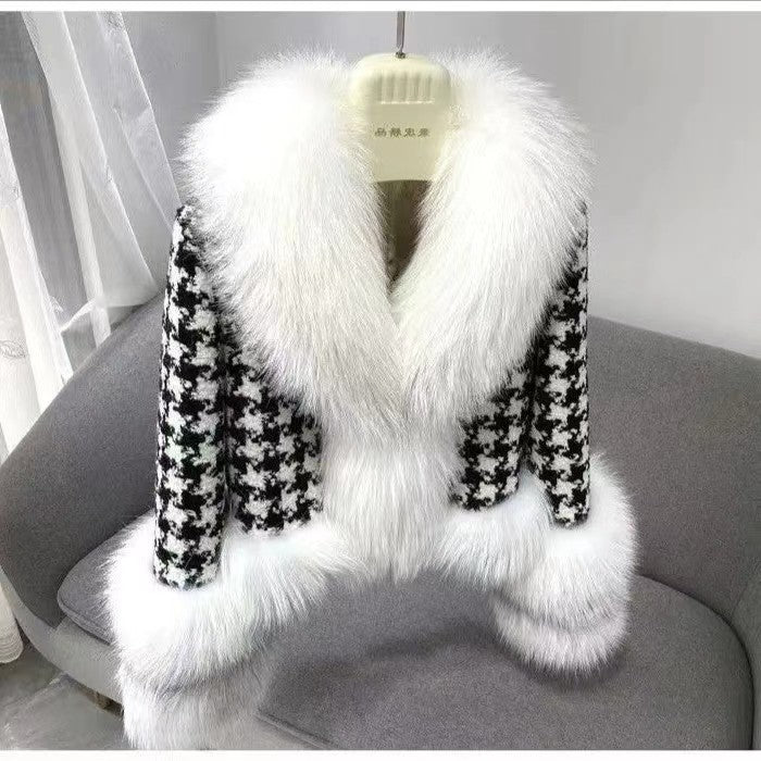 Women‘s Short Houndstooth Eco-friendly Fur Jacket