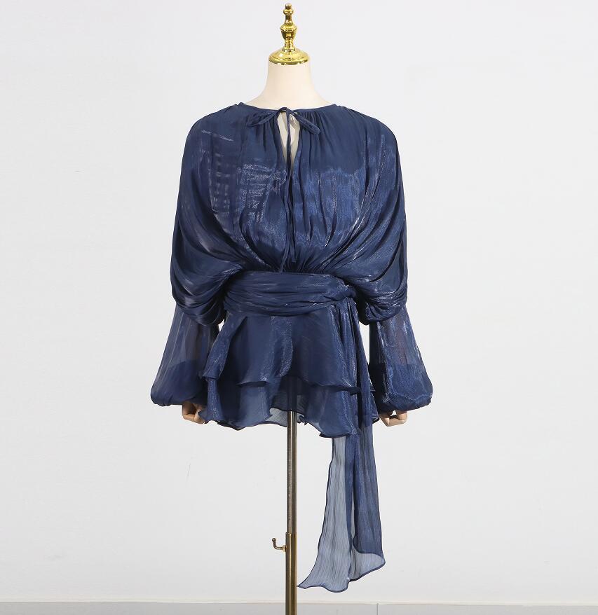 Designed Sweet Style Beach Dress – Loose Fit Long Sleeve Wrap Belt Waist Mini Dress