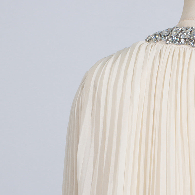 Elegant Round Neck Rhinestone Ostrich Feather Long Sleeve Ruffle Dress