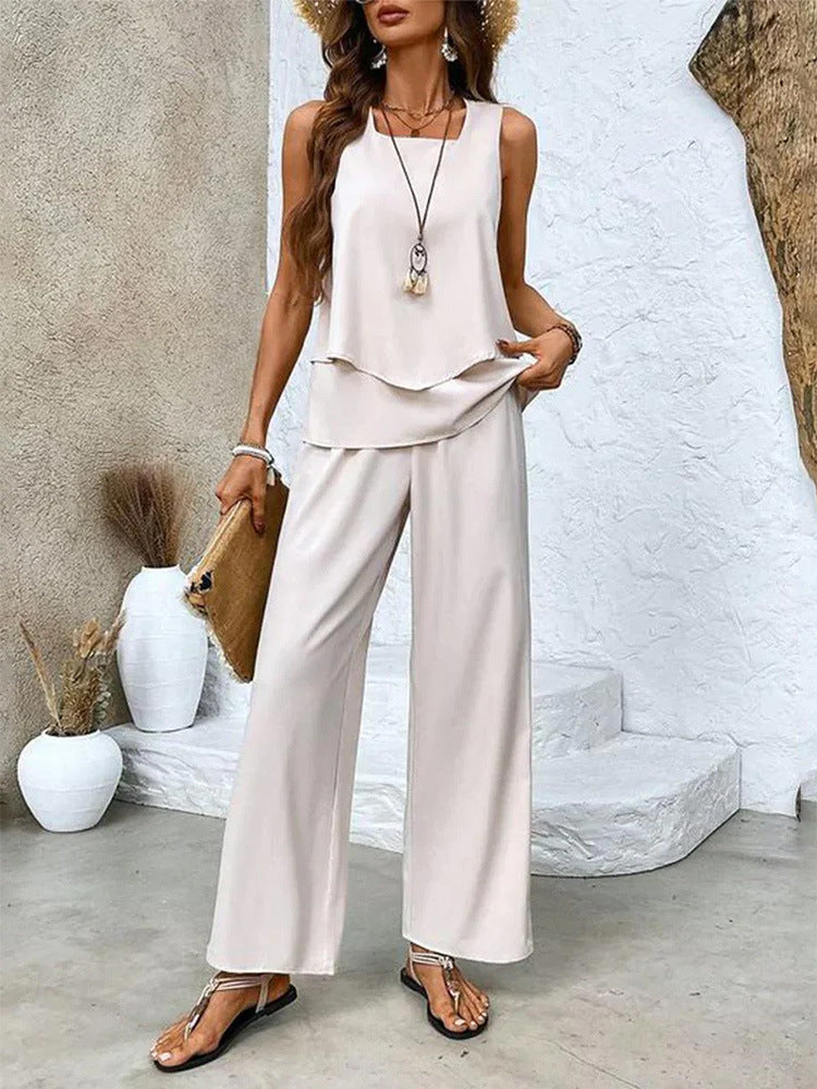 Women's Summer Sleeveless Layered Vest & Pants Set