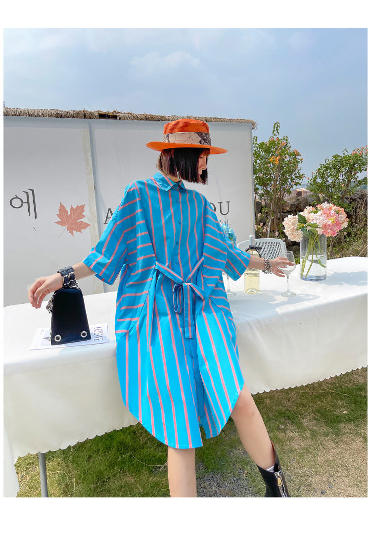 Vintage Striped Summer Short Shirts Dresses-Dresses-Blue-One Size-Free Shipping at meselling99
