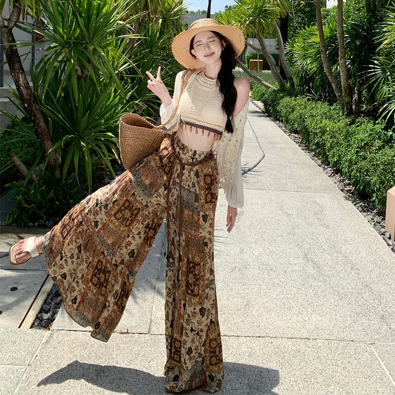 Bohemian Print High-Waisted Wide-Leg Flare Pants with Cami Top-Tank Top One Size-S-Free Shipping Leatheretro