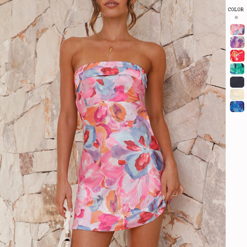 Sexy Strapless Floral Print Backless Mini Dress