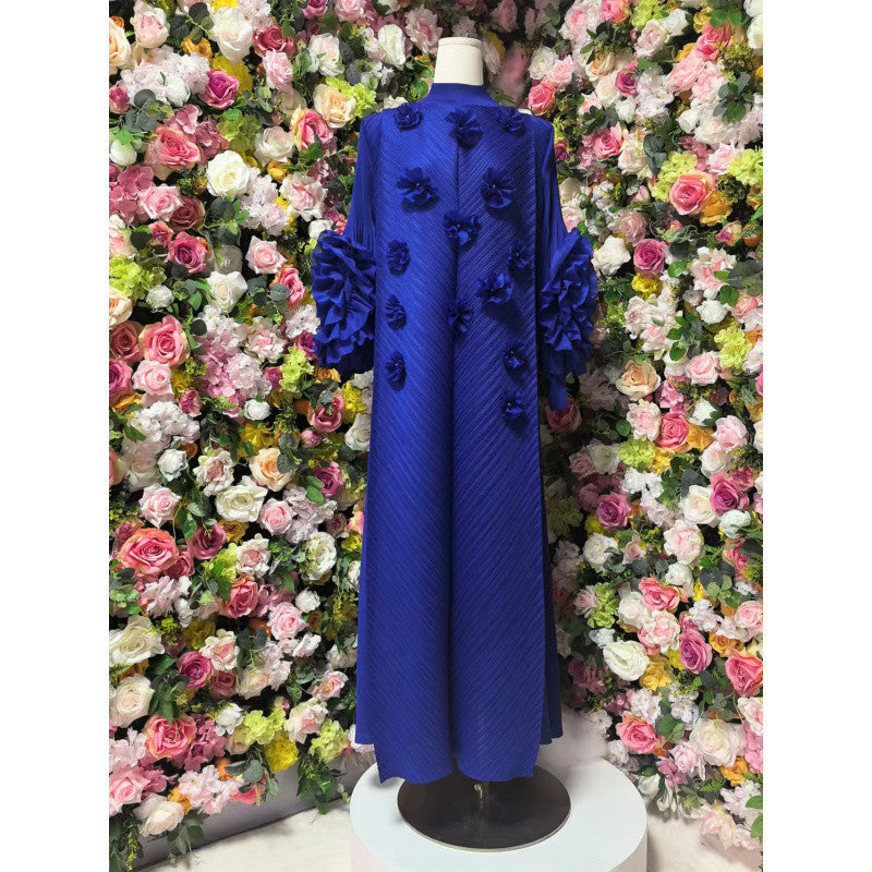 Stylish Slim-Fit Solid Color High Neck Dress with 3D Flowers