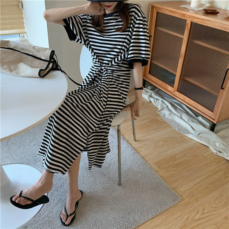 Designed Striped Summer Plus Sizes T Shirts Dresses-Dresses-Free Shipping at meselling99