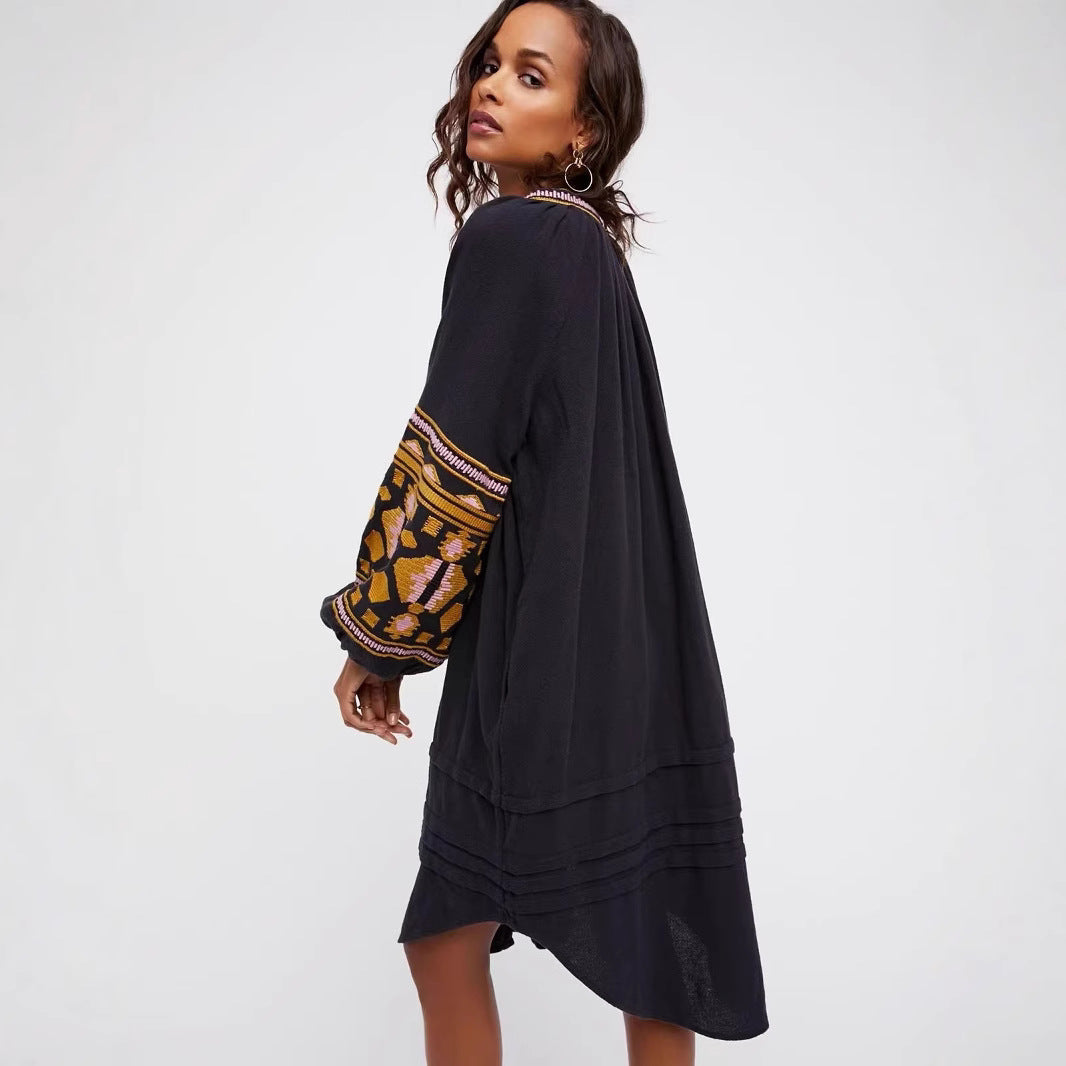 Bohemian Ethnic Embroidered Loose Front Button Dress