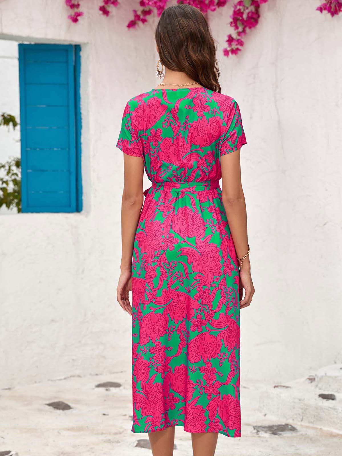 Summer Floral Print V-Neck Split Hem Midi Dress