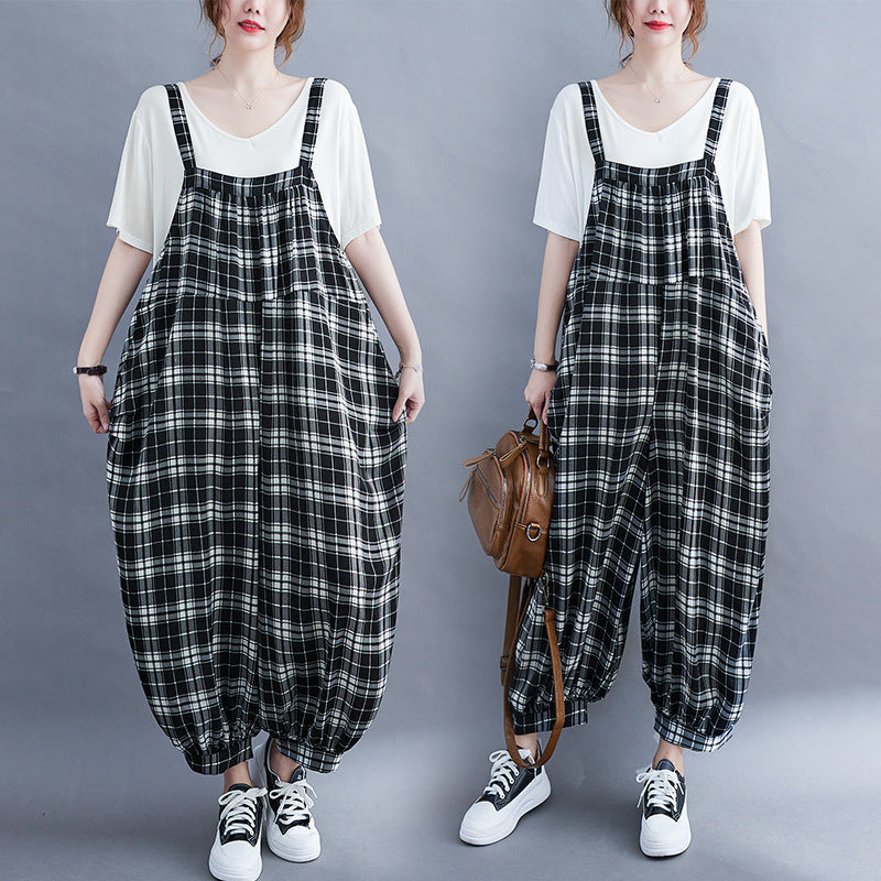 Vintage Plaid Plus Sizes Jumpsuits for Women