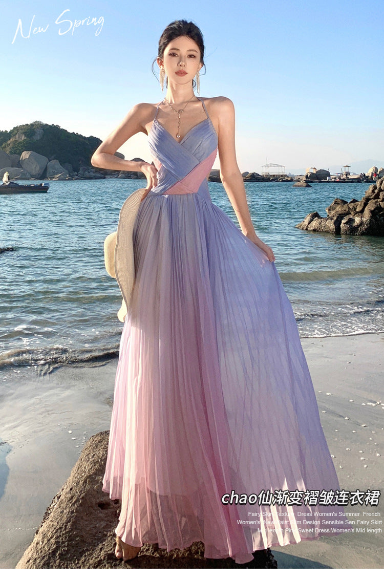 Bohemian Gradient Pink Purple Ruffle Backless Maxi Dress