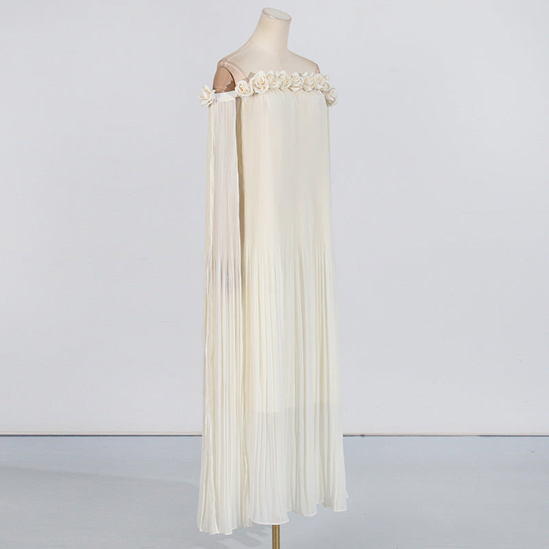 Elegant Off-Shoulder Long Dress with 3D Floral Appliques