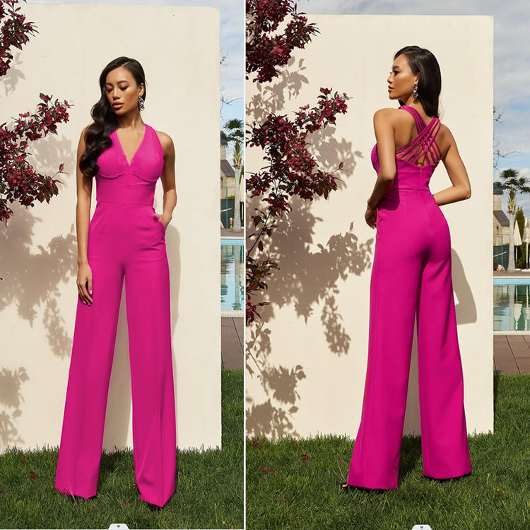 Sexy Shoulder Straps Rose Red Wide Legs Jumpsuits-Suits-Free Shipping at meselling99