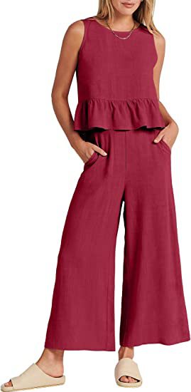 Women's Summer Sleeveless Pleated Vest & Wide-Leg Cropped Pants Casual Set