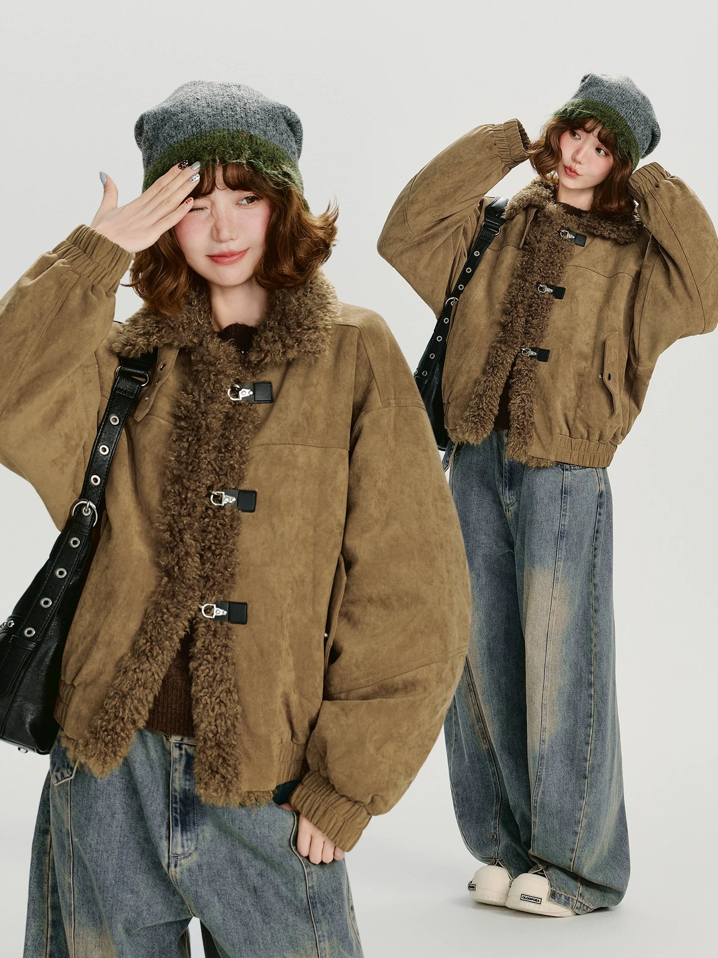 Girlyhalo Vintage Suede & Faux Shearling Patchwork Winter Coat