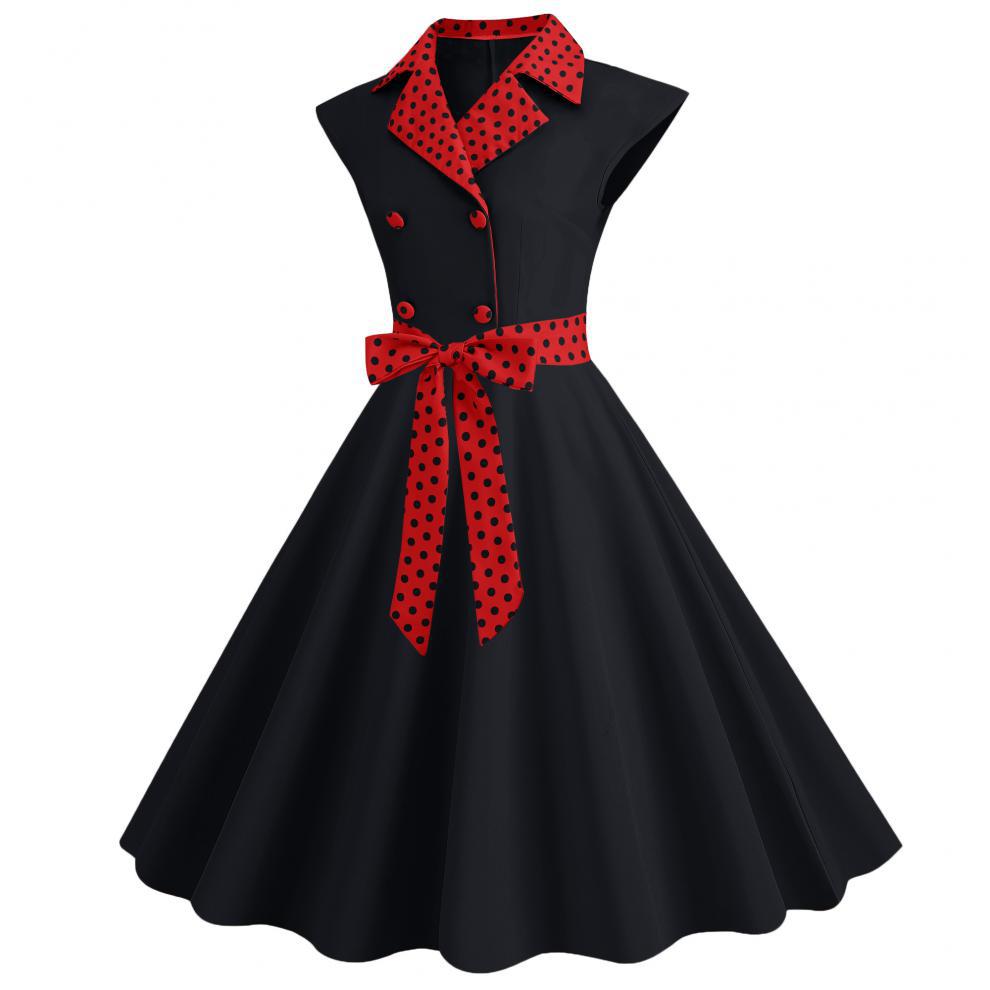 Elegant V-Neck Polka Dot & Solid Color A-Line Dress with Belt for Women