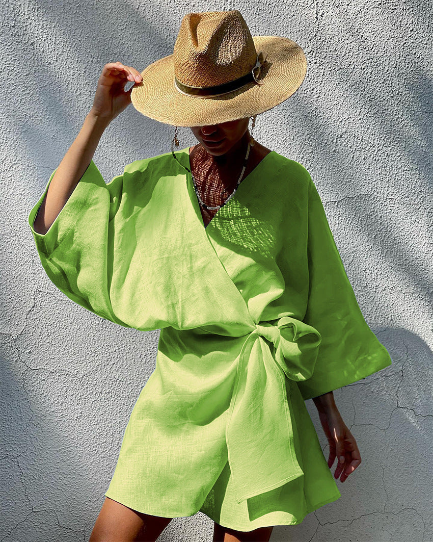 Designed Cotton Linen Irregular Mini Dresses