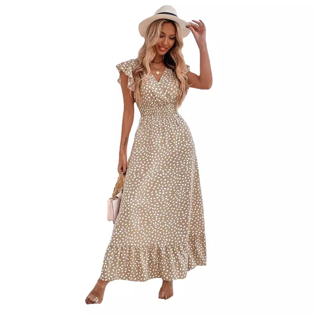 Summer V-Neck Wrap Waist Maxi Dress with Flutter Sleeves-black-S-Free Shipping Leatheretro