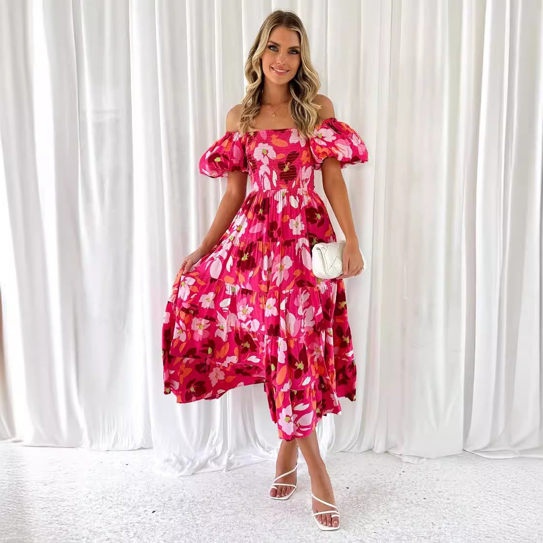 Spring Summer Off-Shoulder Floral Print Puff Sleeve Dress