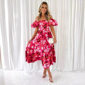 Spring Summer Off-Shoulder Floral Print Puff Sleeve Dress