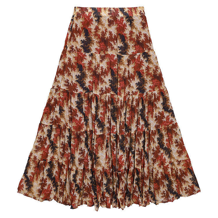 Yuan Su's new summer Wizard of Oz floral pleated skirt, high waist versatile and thin wrinkled A-shaped big swing skirt-Maple Leaf - Red-one size fits all-Free Shipping Leatheretro