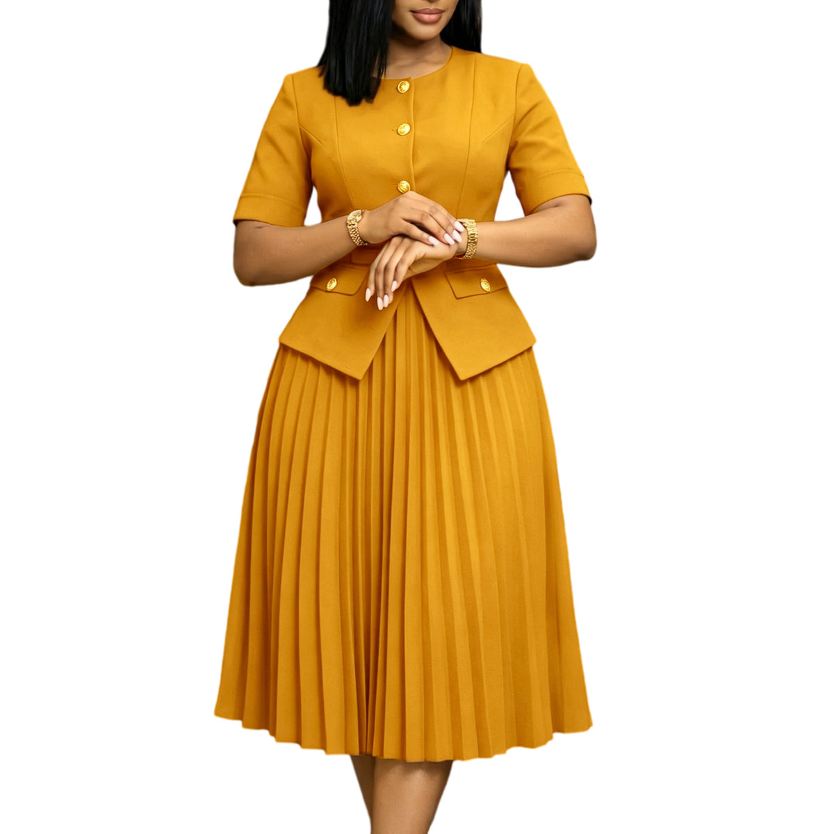 Summer  Round Neck Spliced Pleated Fake Two-Piece Solid Color Plus Size Dress