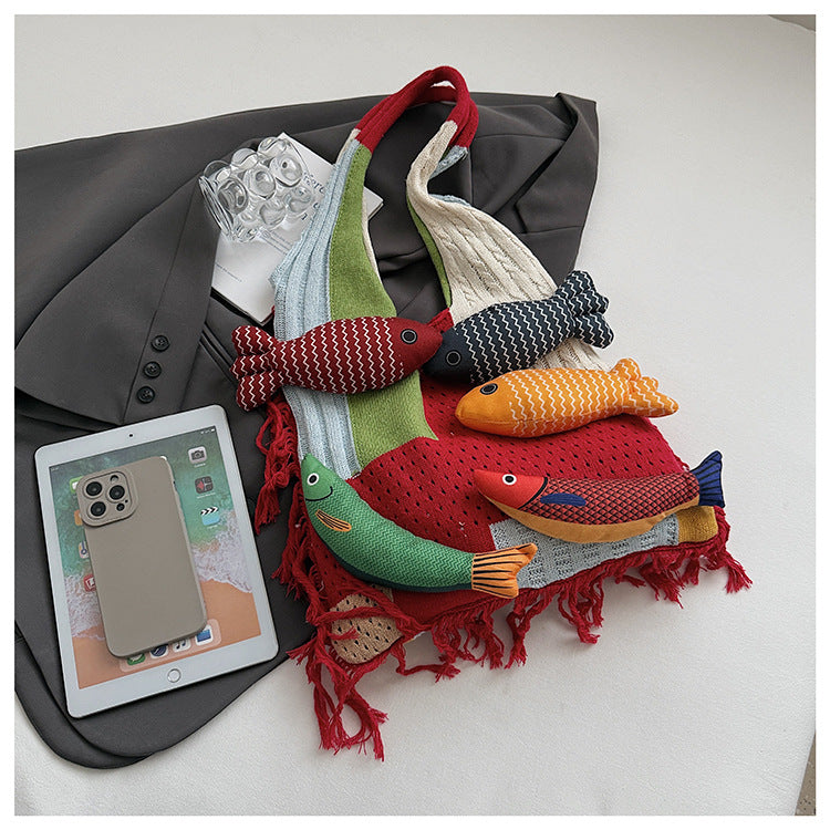 Patchwork Knit Shoulder Bag with Checkered Design