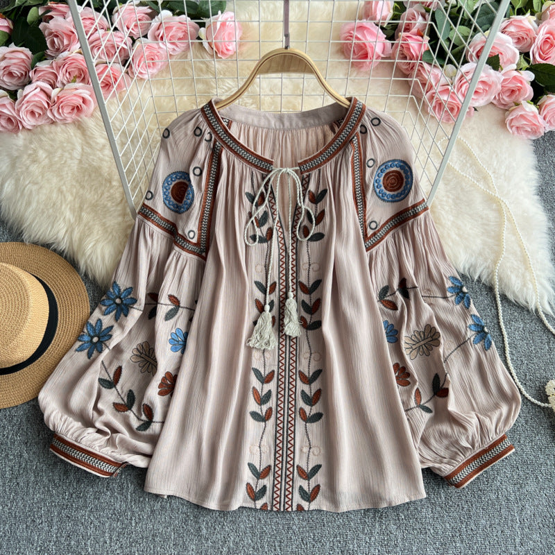 Ethnic Embroidered Tie-Neck Blouse-khaki-one size-Free Shipping Leatheretro