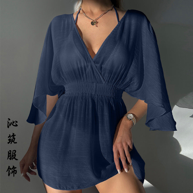 Sexy Backless Beach Dress – High-Waist Short Sleeve Wrap Shirt for Women