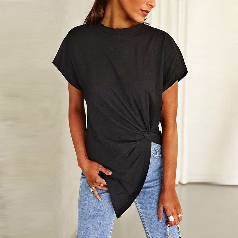 Women's Asymmetric Knot Front Round Neck Short Sleeve T-Shirt