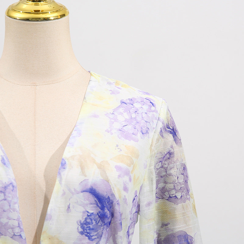 Floral Lace Trim Cake Dress – Summer Deep V-Neck Bell Sleeve Maxi Dress