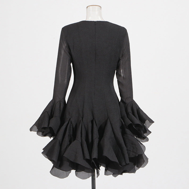 Designed Elegant Round Neck Patchwork Hem Flounce Midi Dress with Bell Sleeves