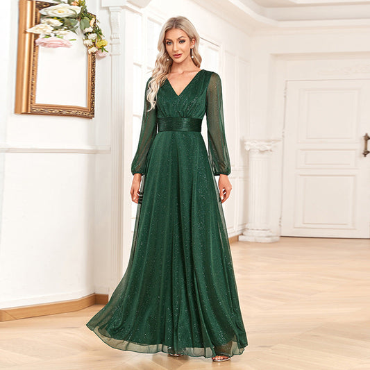 Green Chiffon V Neck Long Sleeves Party Dresses/bridesmaid Dresses-Dresses-Free Shipping at meselling99