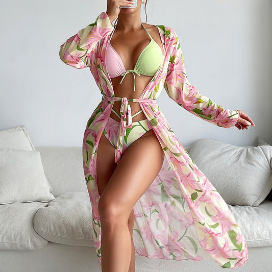 Sexy Floral Print 3 Pcs Bikini Women Swimsuits