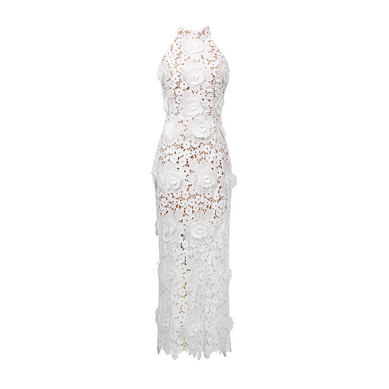 Retro Embroidery Backless Lace Panel Halter Maxi Dress
