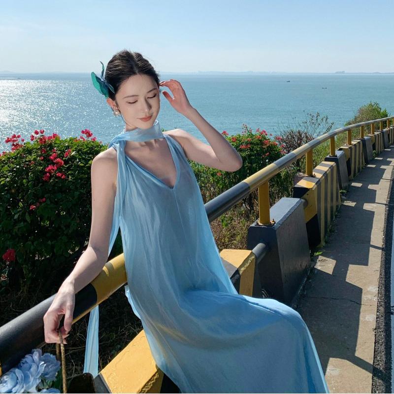 Ethereal Tie-Neck Maxi Dress – Flowy Goddess Silhouette with Elegant Sash Detail