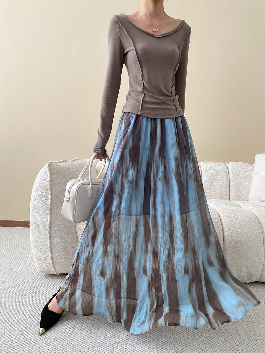 High-Waisted Long Hemline Skirt with Watercolor-Ink Drape