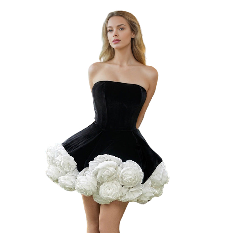 Designed Sexy Velvet Bustier Ball Gown Mini Dress with 3D White Roses