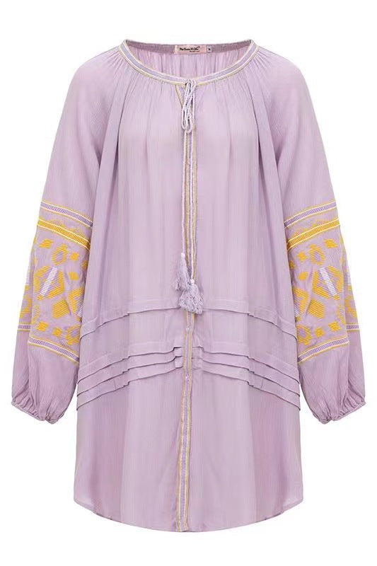 Bohemian Ethnic Embroidered Loose Front Button Dress