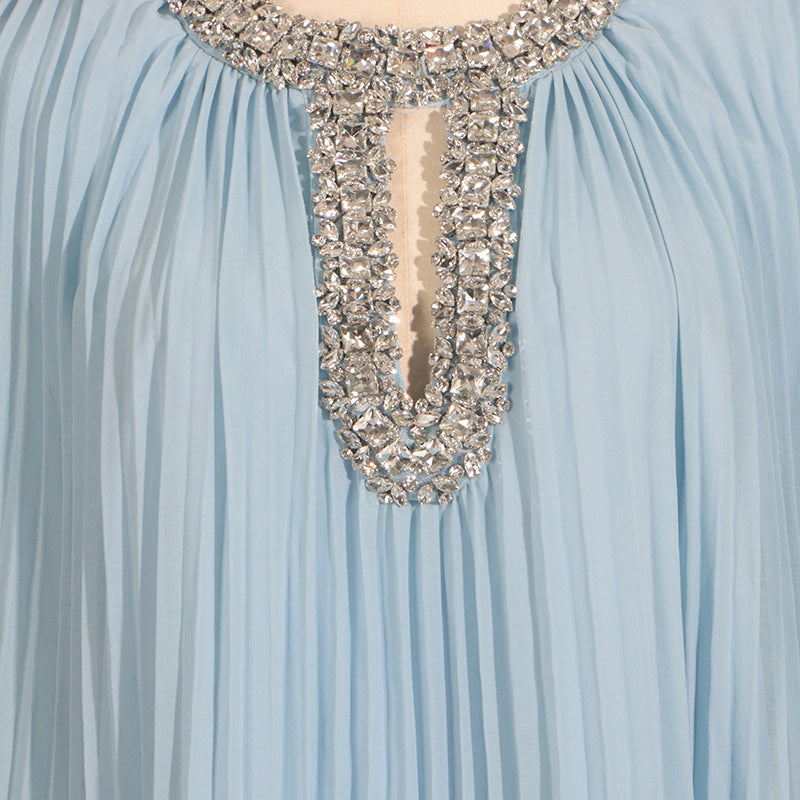 Elegant Round Neck Rhinestone Ostrich Feather Long Sleeve Ruffle Dress