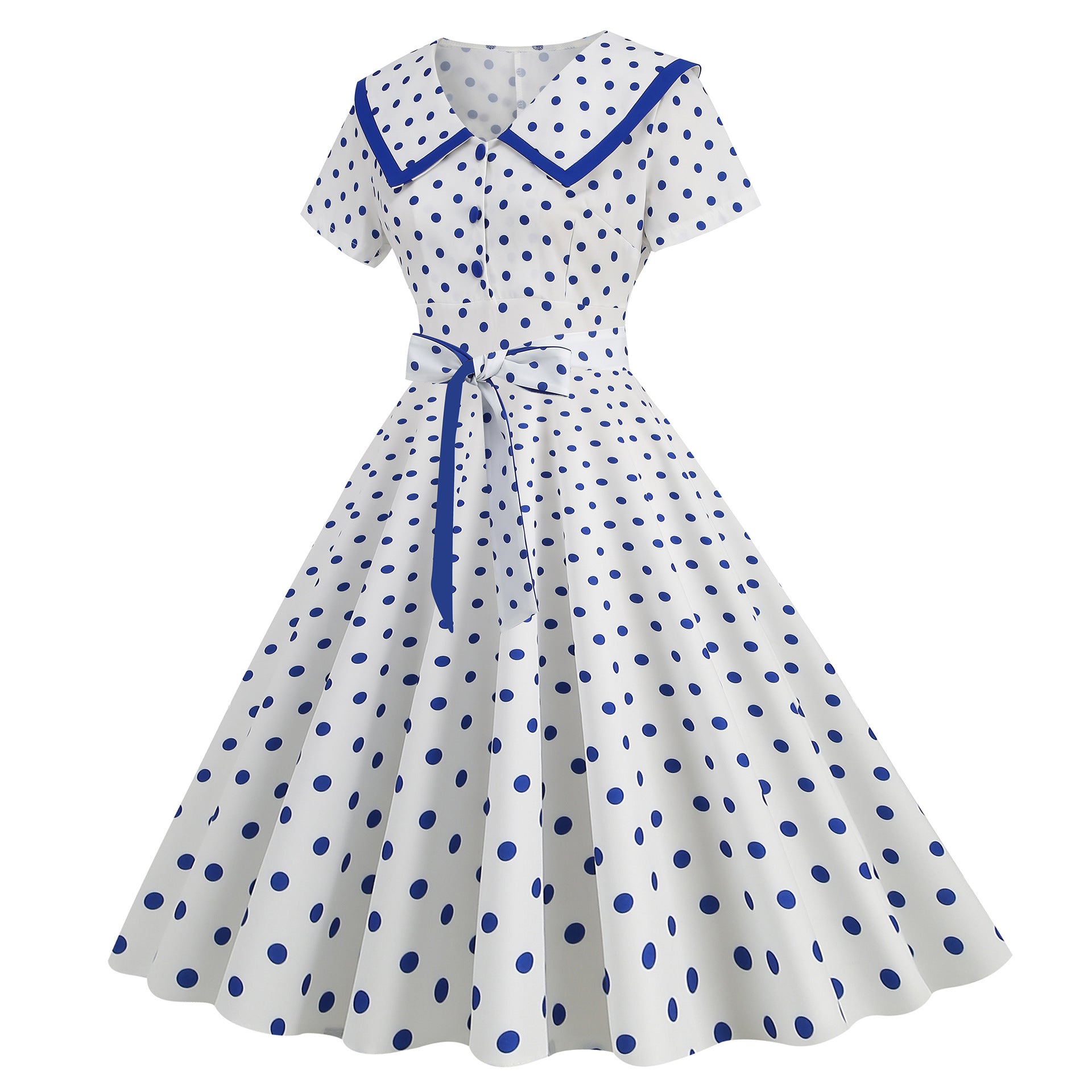 Vintage-Inspired Polka Dot Print Wrap Waist Flared Dress with Belt