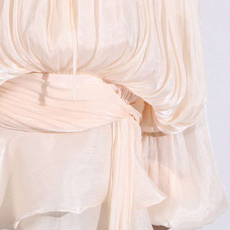 Designed Sweet Style Beach Dress – Loose Fit Long Sleeve Wrap Belt Waist Mini Dress