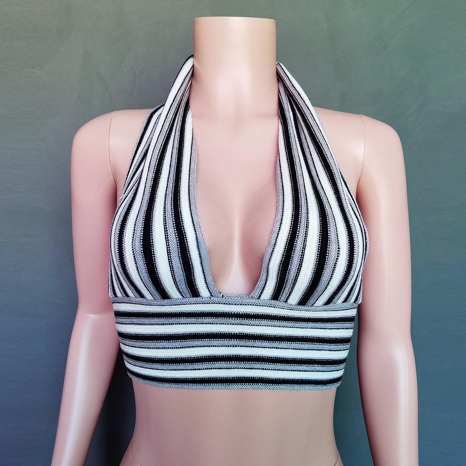 Striped Deep V-Neck Backless Women Tops-STYLEGOING